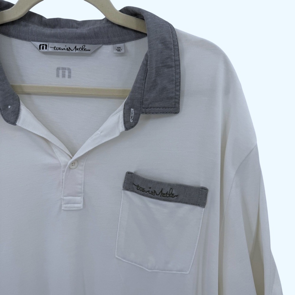 Travis Mathew Mens XXL Golf Polo Shirt‎ Short Sleeve White Gray Chest Pocket